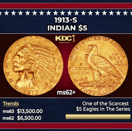 1913-s Gold Indian Half Eagle $5 Select Unc USCG