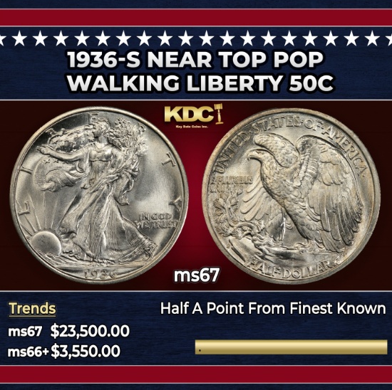1936-s Walking Liberty Half Dollar Near Top Pop 50c ms67 SEGS