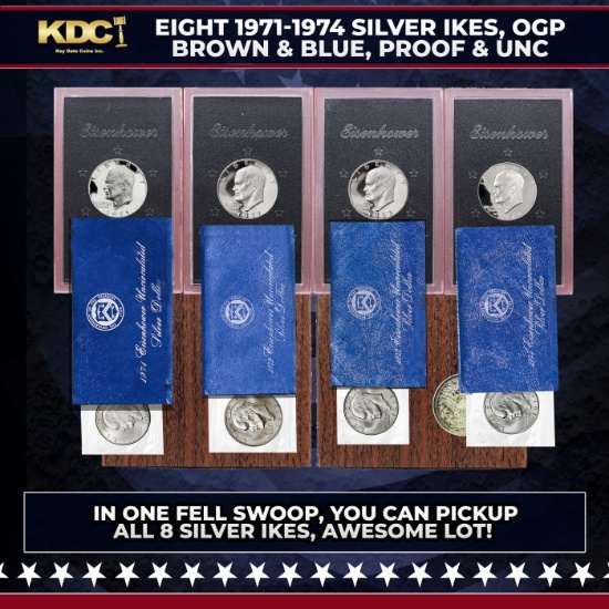 1971-1974 Full US Mint Silver Proof "Blue Ikes" and "Brown Ikes" Run, In Original Packaging - 8 Coin