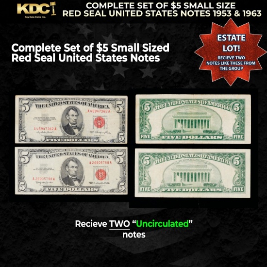 Complete Set of $5 Small Size Red Seal United States Notes 1953 & 1963 AU/CU