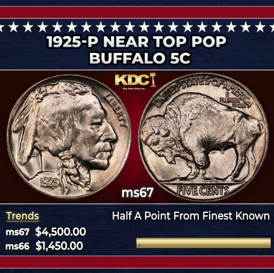 1925-p Buffalo Nickel Near Top Pop 5c ms67 SEGS