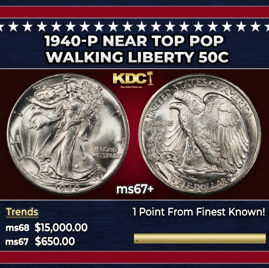 1940-p Walking Liberty Half Dollar Near Top Pop 50c ms67+ SEGS