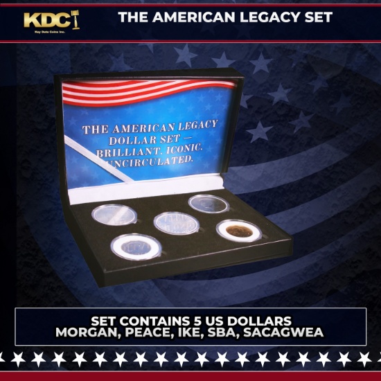 5 Coin American Dollar Legacy Set, 5 US Dollar Coins Morgan, Peace, Ike, SBA, Sacagawea COOL!