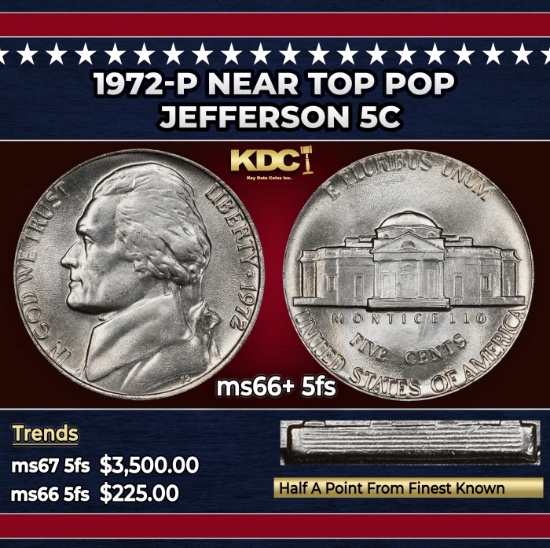 1972-p Jefferson Nickel Near Top Pop 5c ms66+ 5fs SEGS