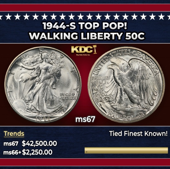1944-s Walking Liberty Half Dollar TOP POP! 50c ms67 SEGS