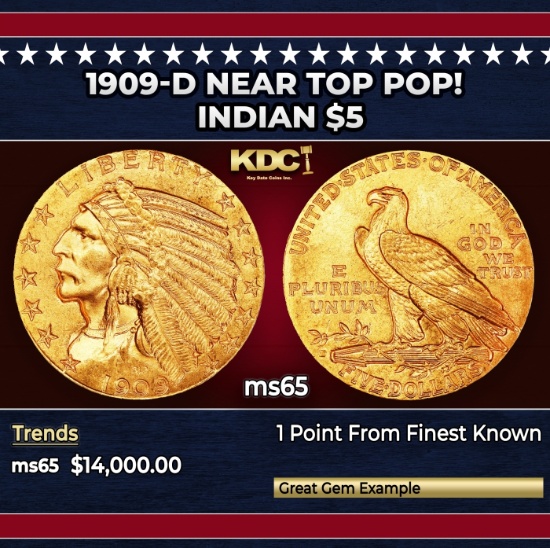 1909-d Gold Indian Half Eagle Near Top Pop! $5 GEM Unc USCG