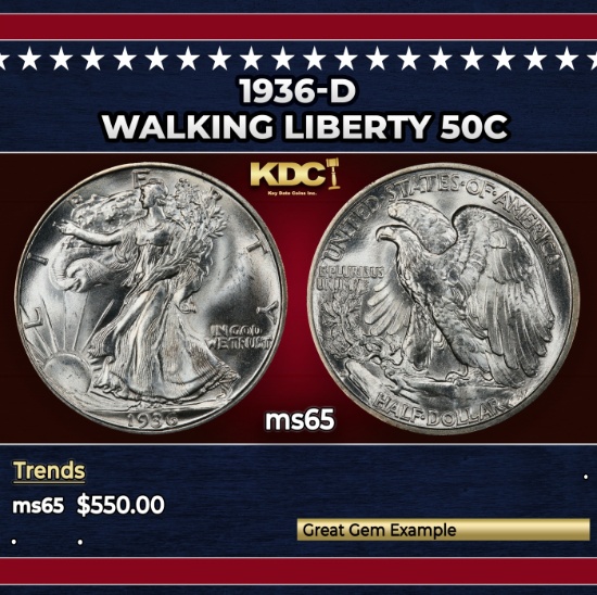 1936-d Walking Liberty Half Dollar 50c Grades GEM Unc