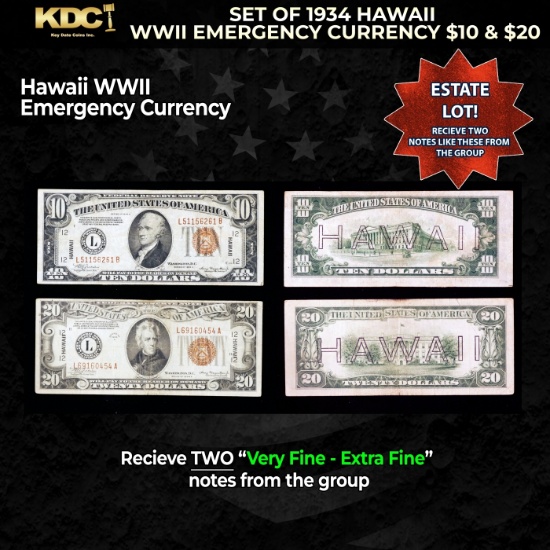 Set of 1934 Hawaii WWII Emergency Currency $10 & $20 Grades VF/XF