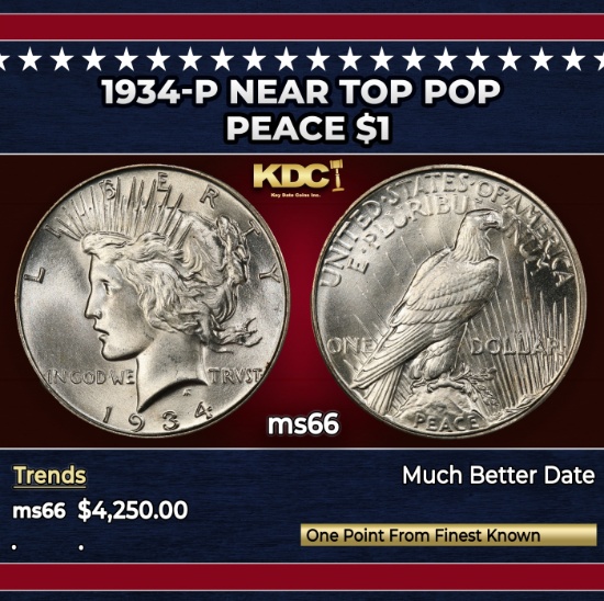1934-p Peace Dollar Near Top Pop $1 ms66 SEGS