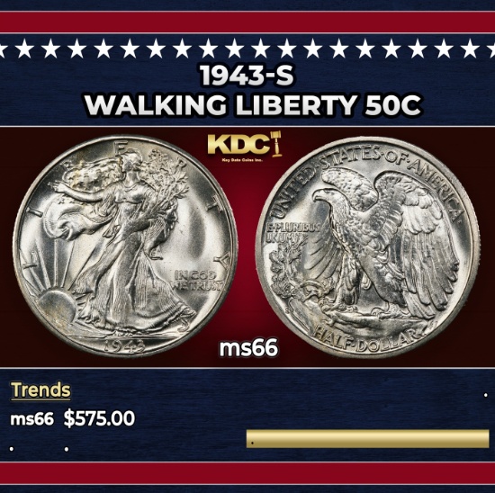 1943-s Walking Liberty Half Dollar 50c Grades GEM+ Unc