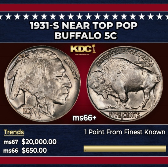 1931-s Buffalo Nickel Near Top Pop 5c ms66+ SEGS