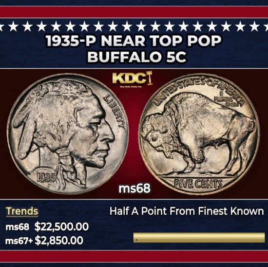1935-p Buffalo Nickel Near Top Pop 5c ms68 SEGS