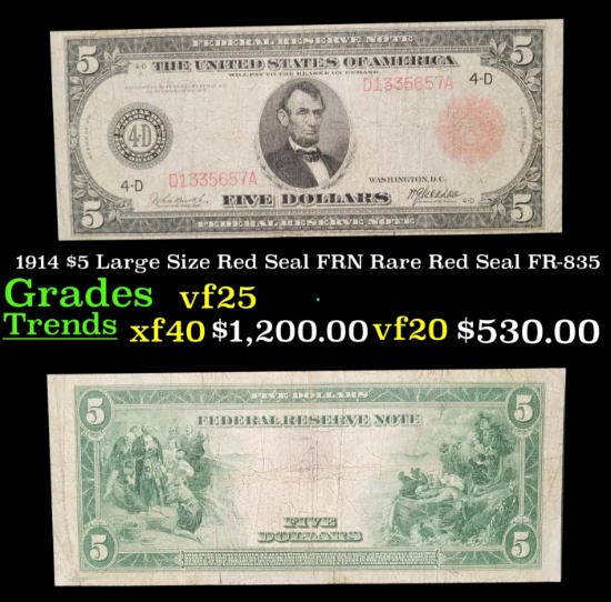 1914 $5 Large Size Red Seal FRN Rare Red Seal Grades vf+ FR-835