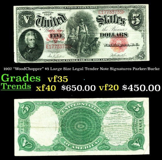 1907 $5 Large Size Legal Tender Note "WoodChopper" Grades vf++ Signatures Parker/Burke