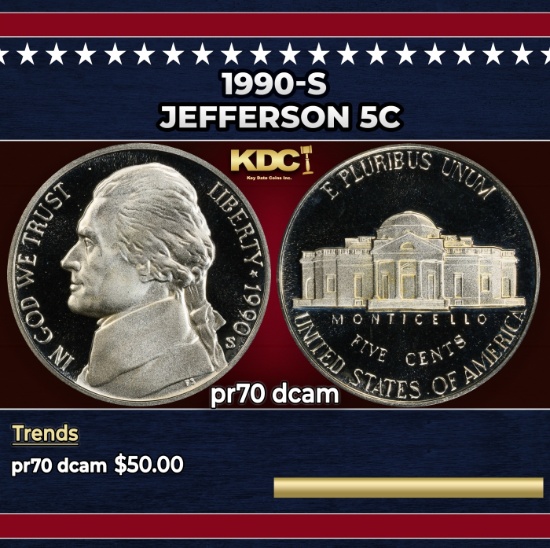 1990-s Proof Jefferson Nickel 5c pr70 dcam SEGS