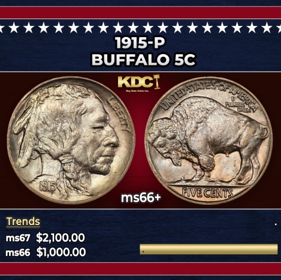 1915-p Buffalo Nickel 5c ms66+ SEGS
