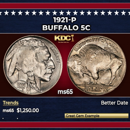 1921-p Buffalo Nickel 5c ms65 SEGS