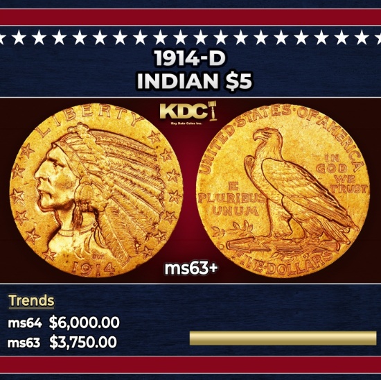 1914-d Gold Indian Half Eagle $5 Select+ Unc USCG