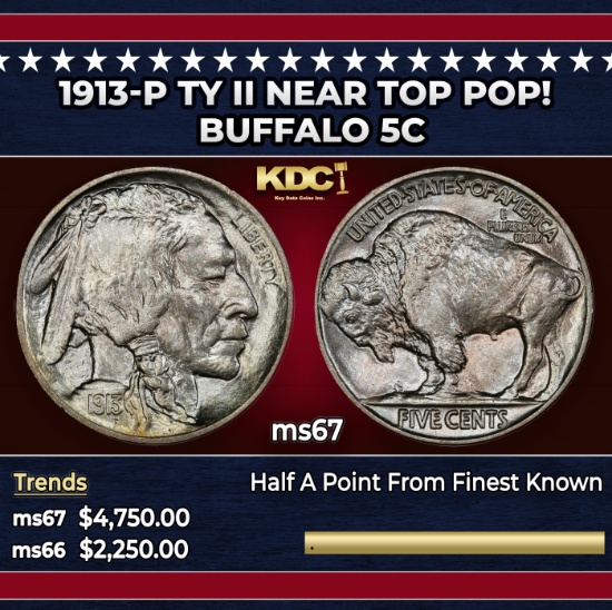 1913-p Ty II Buffalo Nickel Near Top Pop! 5c ms67 SEGS