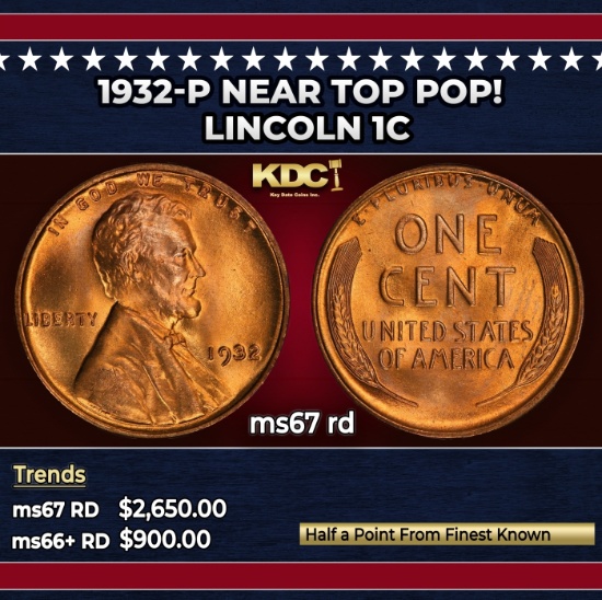 1932-p Lincoln Cent Near Top Pop! 1c ms67 rd SEGS