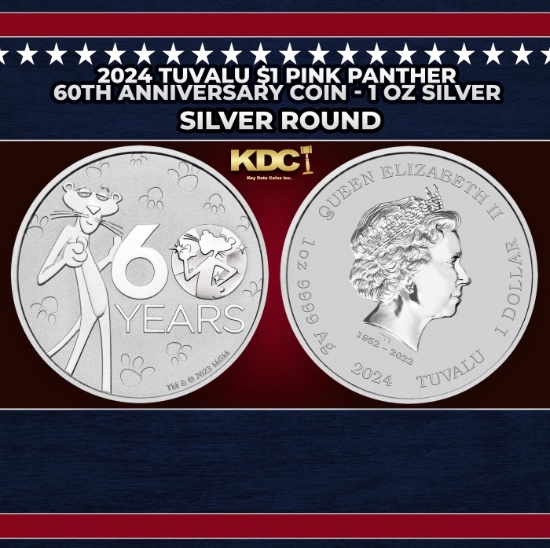2024 Tuvalu $1 Pink Panther 60th Anniversary Coin - 1 oz Silver Round Round