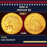1910-d Gold Indian Half Eagle $5 Choice Unc USCG