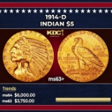 1914-d Gold Indian Half Eagle $5 Select+ Unc USCG