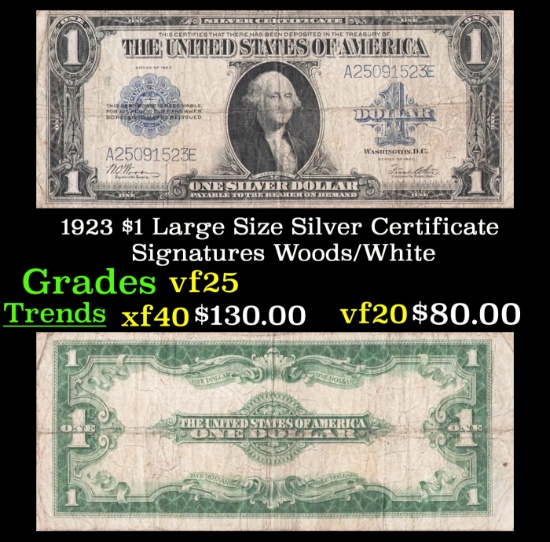 1923 $1 large size Silver Certificate Grades vf+ Signatures Woods/White