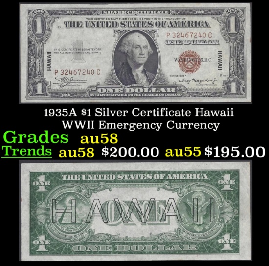 1935A $1 Silver Certificate Hawaii WWII Emergency Currency Grades Choice AU/BU Slider