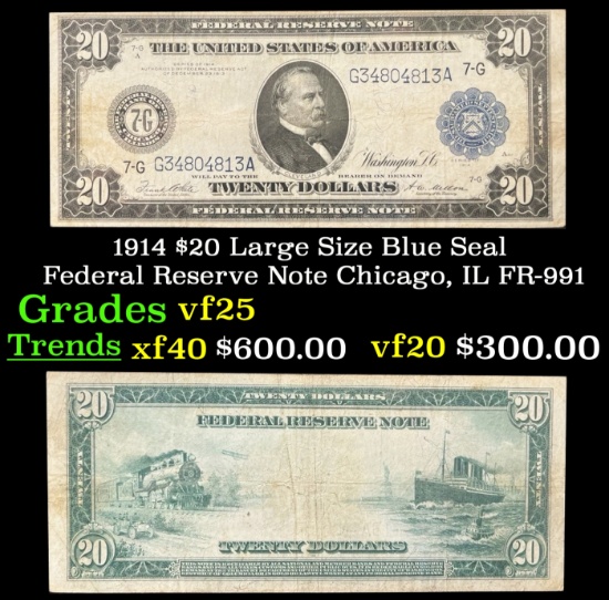 1914 $20 Large Size Blue Seal Federal Resrve Note Chicago, IL Grades vf+ FR-991