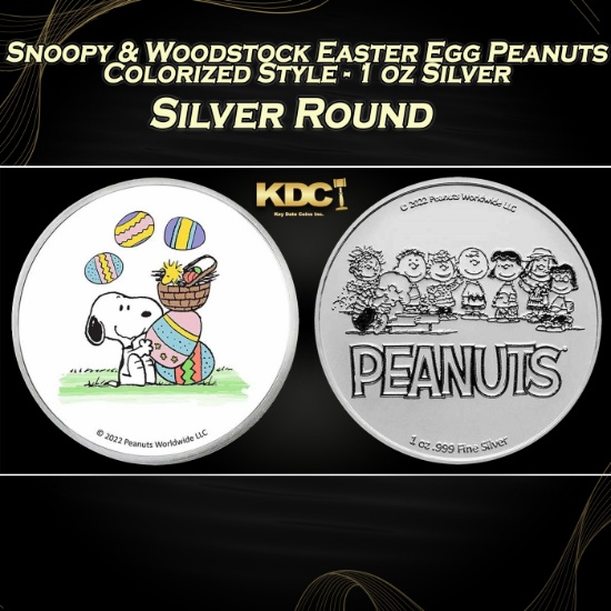 Snoopy & Woodstock Easter Egg Peanuts Colorized Style - 1 oz Silver Round Round