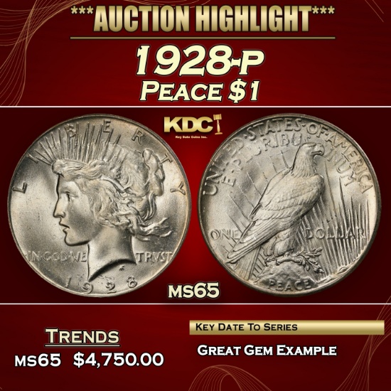 1928-p Peace Dollar $1 ms65 SEGS