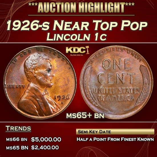 1926-s Lincoln Cent Near Top Pop 1c ms65+ bn SEGS