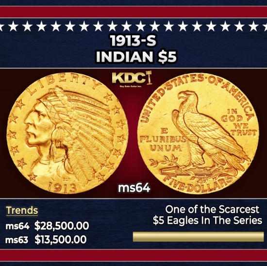 1913-s Gold Indian Half Eagle $5 Choice Unc USCG