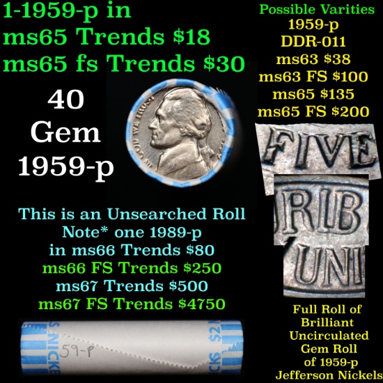 BU Shotgun Jefferson 5c roll, 1959-p 40 pcs Bank $2 Nickel Wrapper