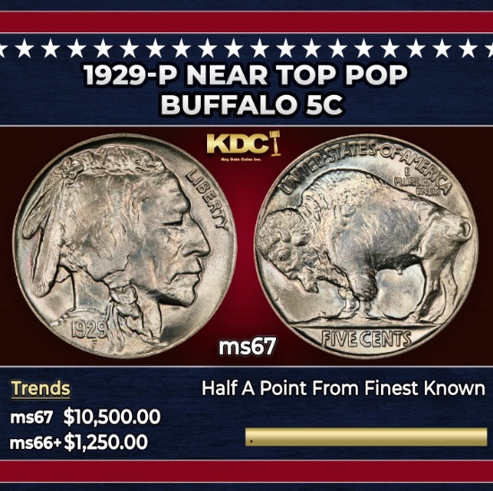 1929-p Buffalo Nickel Near Top Pop 5c ms67 SEGS