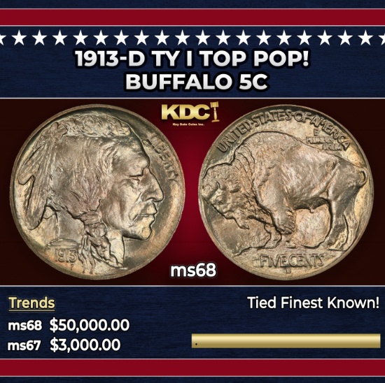 1913-d Ty I Buffalo Nickel TOP POP! 5c ms68 SEGS