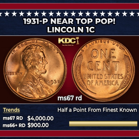 1931-p Lincoln Cent Near Top Pop! 1c ms67 rd SEGS