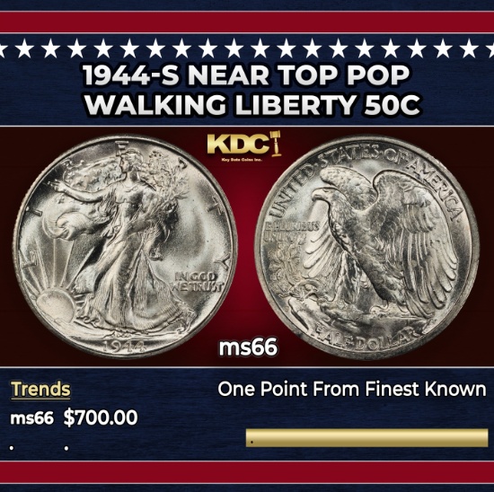 1944-s Walking Liberty Half Dollar Near Top Pop 50c Grades GEM+ Unc
