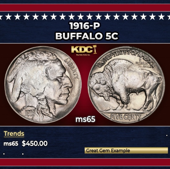 1916-p Buffalo Nickel 5c Grades GEM Unc