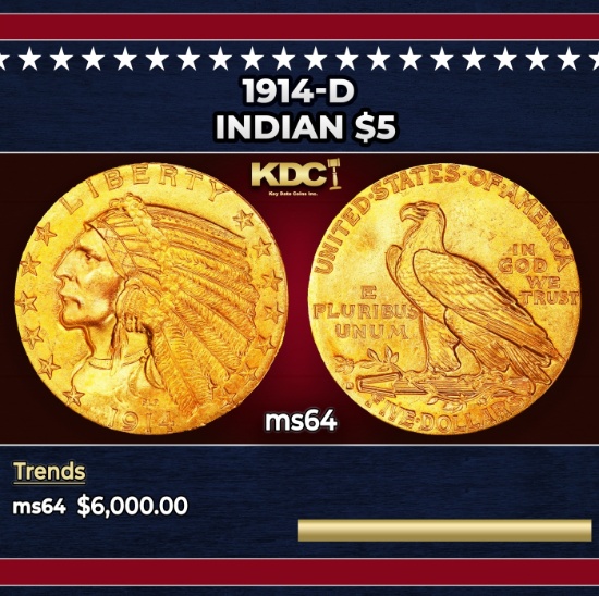 1914-d Gold Indian Half Eagle $5 Choice Unc USCG