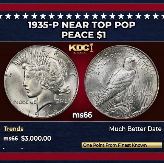 1935-p Peace Dollar Near Top Pop $1 ms66 SEGS