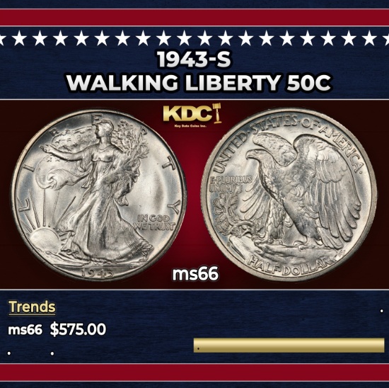 1943-s Walking Liberty Half Dollar 50c Grades GEM+ Unc