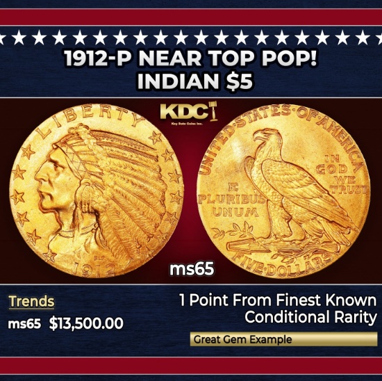 1912-p Gold Indian Half Eagle Near Top Pop! $5 GEM Unc USCG