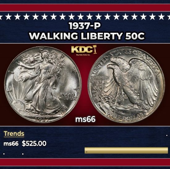 1937-p Walking Liberty Half Dollar 50c Grades GEM+ Unc