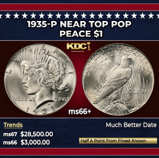 1935-p Peace Dollar Near Top Pop $1 ms66+ SEGS