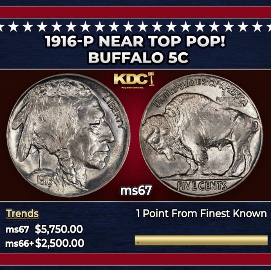 1916-p Buffalo Nickel Near Top Pop! 5c ms67 SEGS