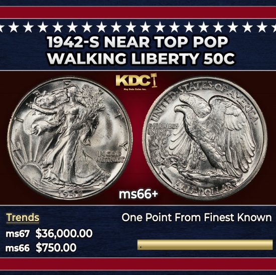 1942-s Walking Liberty Half Dollar Near Top Pop 50c ms66+ SEGS