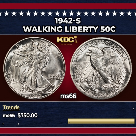 1942-s Walking Liberty Half Dollar 50c Grades GEM+ Unc