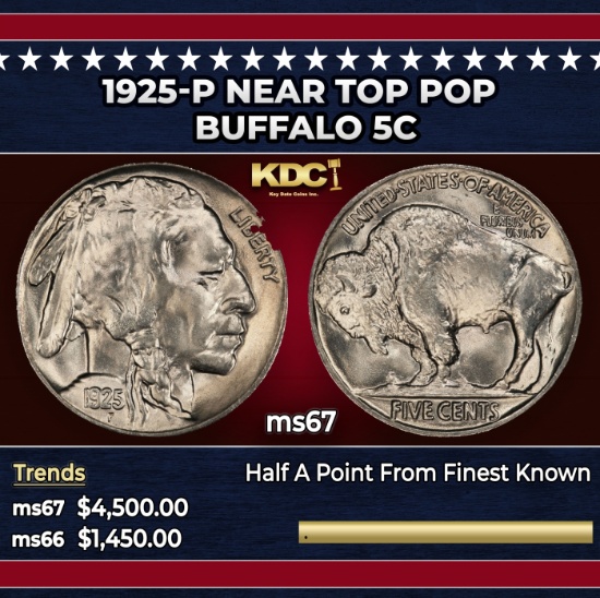 1925-p Buffalo Nickel Near Top Pop 5c ms67 SEGS